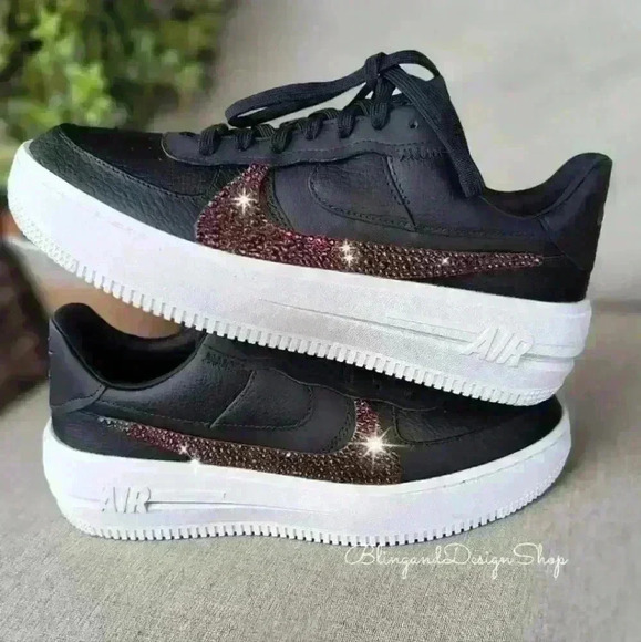 Womens Bling Nike Air Force 1 PLT.AF.ORM Black White Shoes Custom with Crystals - Picture 3 of 10